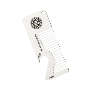 MANEFORGE Maestrocomb stainless steel beard comb with bottle opener and mini screwdriver tips on transparent background